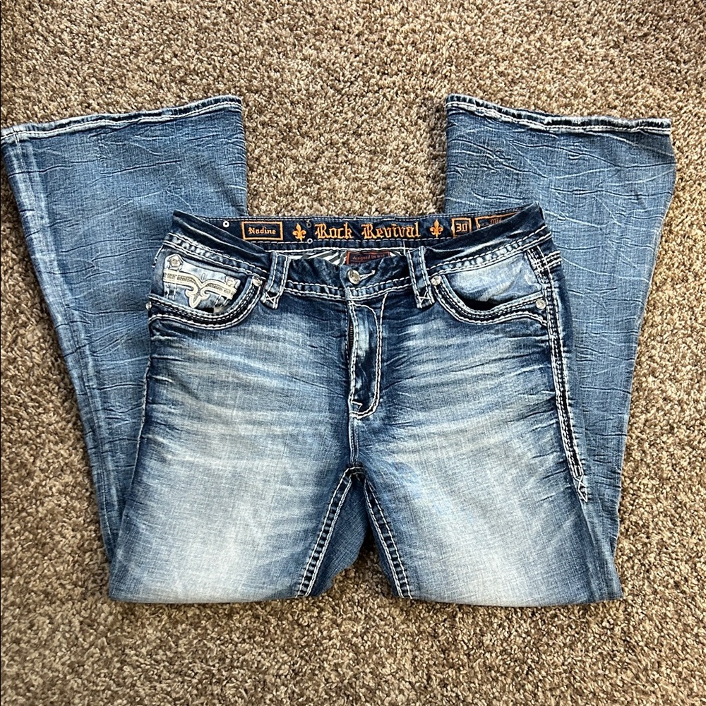 Rock Revival Faded Light Blue Flare Jeans with Embroidered Pockets